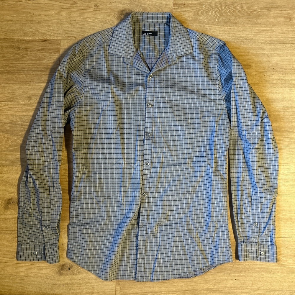Bar III Mens Slim Fit Dress Shirt 15.5 34-35 M Grey Black Purple Micro Check